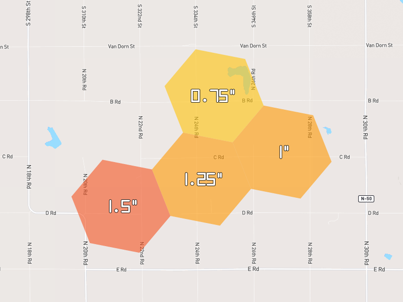 Hail map of Syracuse, NE on Jul 3, 2026, hail up to 1.5"