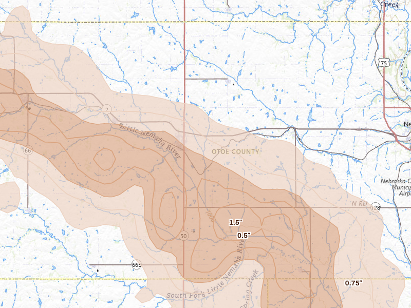 Radar-estimated hail-size map of the storm over Syracuse, NE on Aug 19, 2026
