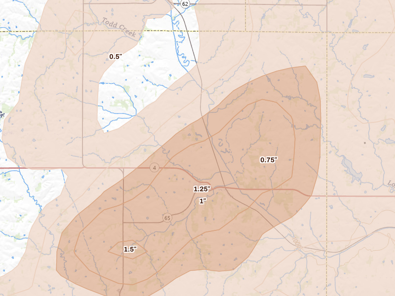 Radar-estimated hail-size map of the storm over Table Rock, NE on Apr 23, 2026