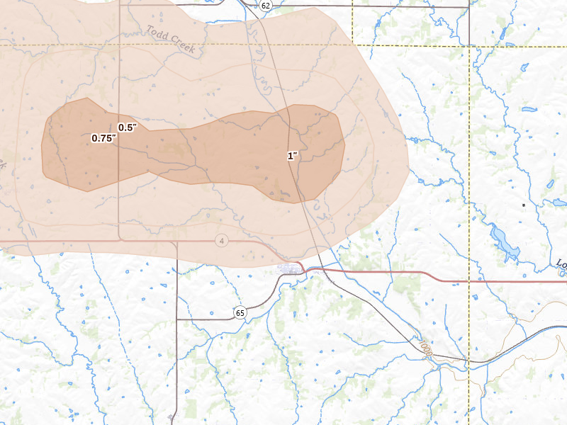 Radar-estimated hail-size map of the storm over Table Rock, NE on Apr 25, 2026