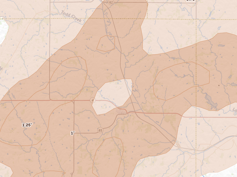 Radar-estimated hail-size map of the storm over Table Rock, NE on May 18, 2026