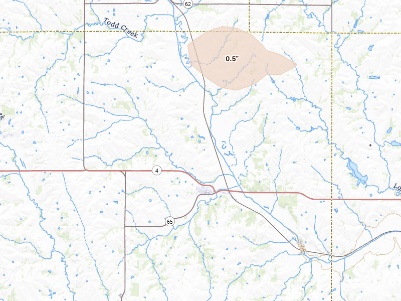 Radar-estimated hail-size map of the storm over Table Rock, NE on Aug 19, 2026