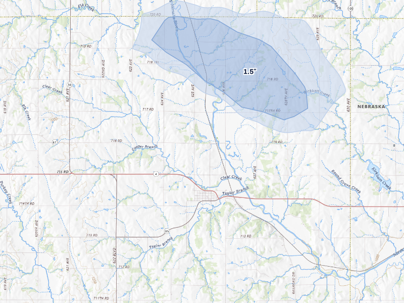 NEXRAD radar-signature map of the hail storm over Table Rock, NE on Aug 19, 2026