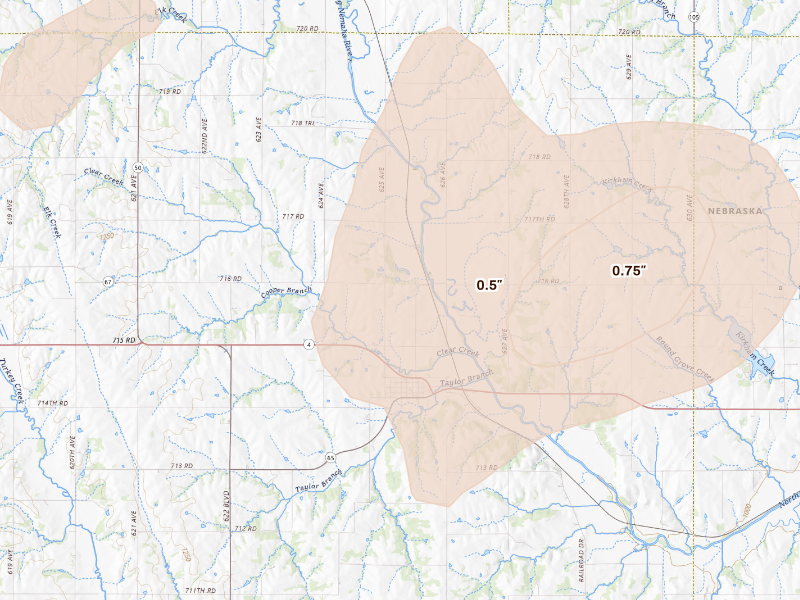 Radar-estimated hail-size map of the storm over Table Rock, NE