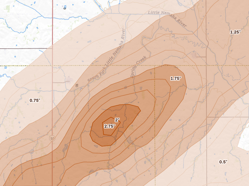 Radar-estimated hail-size map of the storm over Talmage, NE on Apr 23, 2026
