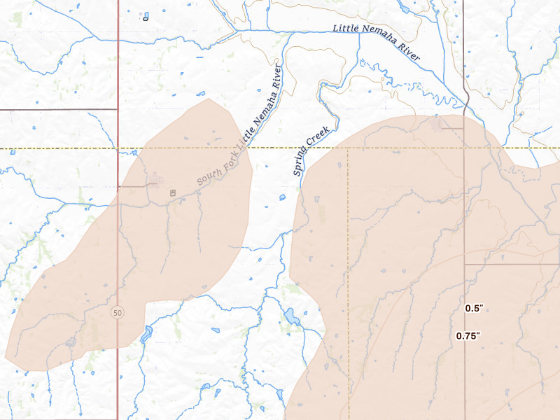 Radar-estimated hail-size map of the storm over Talmage, NE on May 16, 2026