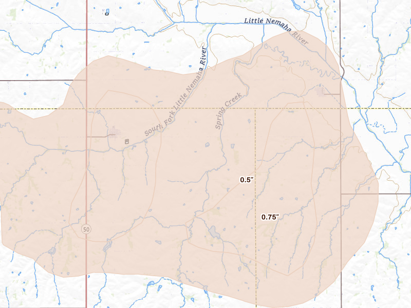 Radar-estimated hail-size map of the storm over Talmage, NE on Jun 5, 2026