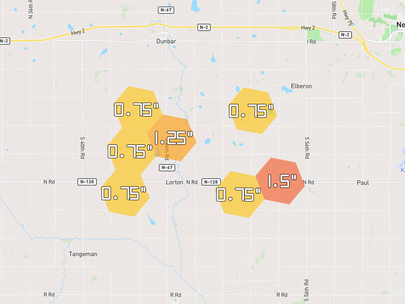 Hail map of Talmage, NE on Jul 4, 2026, hail up to 1.5"