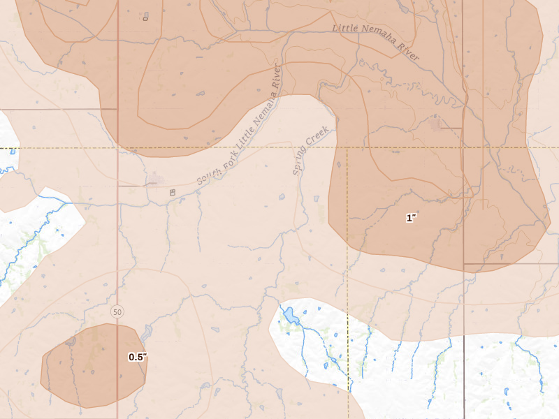 Radar-estimated hail-size map of the storm over Talmage, NE on Aug 19, 2026