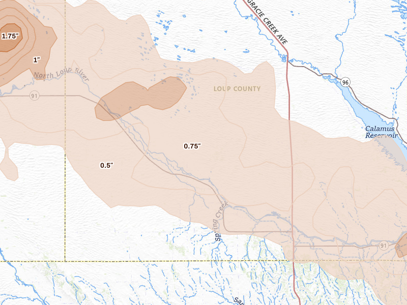 Radar-estimated hail-size map of the storm over Taylor, NE on Jun 20, 2026
