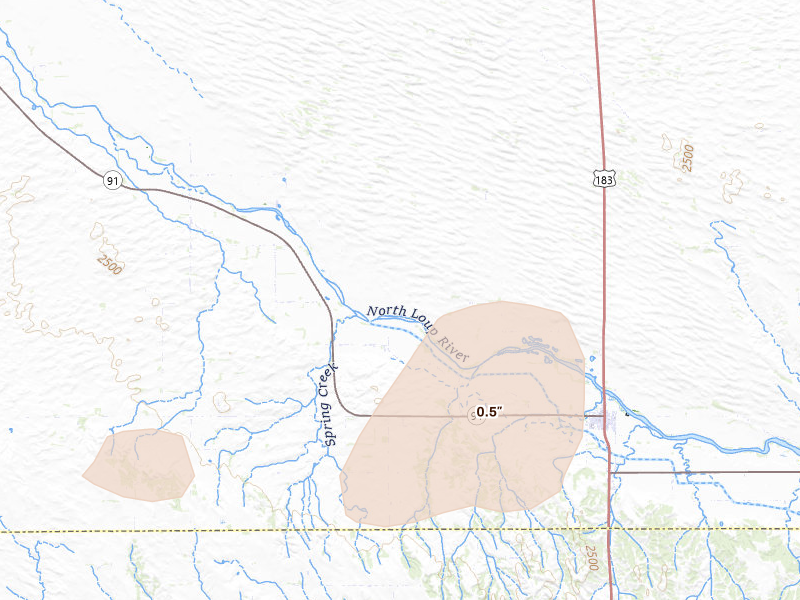 Radar-estimated hail-size map of the storm over Taylor, NE on Aug 10, 2026