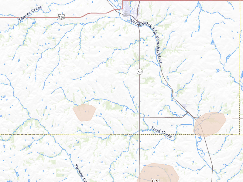 Radar-estimated hail-size map of the storm over Tecumseh, NE on Mar 5, 2026