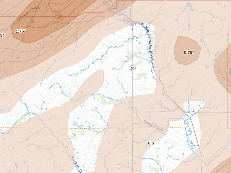 Radar-estimated hail-size map of the storm over Tecumseh, NE on Apr 23, 2026