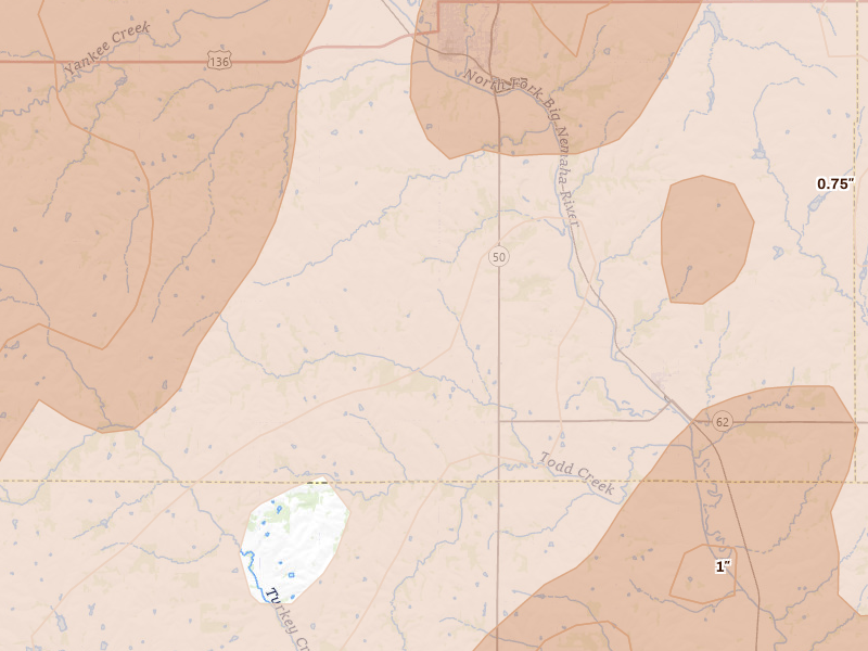 Radar-estimated hail-size map of the storm over Tecumseh, NE on May 18, 2026