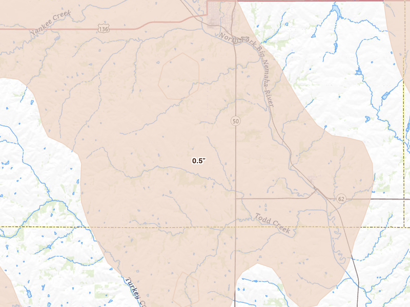 Radar-estimated hail-size map of the storm over Tecumseh, NE on Jul 3, 2026