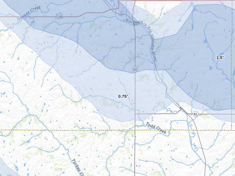 NEXRAD radar-signature map of the hail storm over Tecumseh, NE on Jul 3, 2026