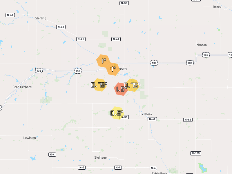 Hail map of Tecumseh, NE on Jul 4, 2026, hail up to 1.5"
