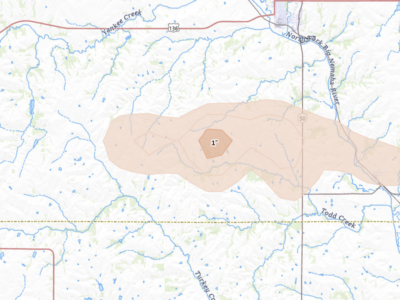 Radar-estimated hail-size map of the storm over Tecumseh, NE on Aug 9, 2026