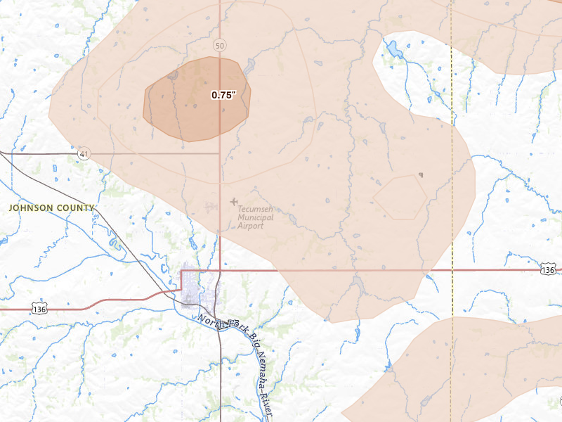 Radar-estimated hail-size map of the storm over Tecumseh, NE on Aug 19, 2026