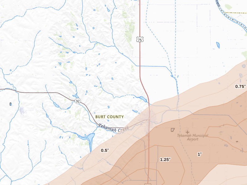 Radar-estimated hail-size map of the storm over Tekamah, NE