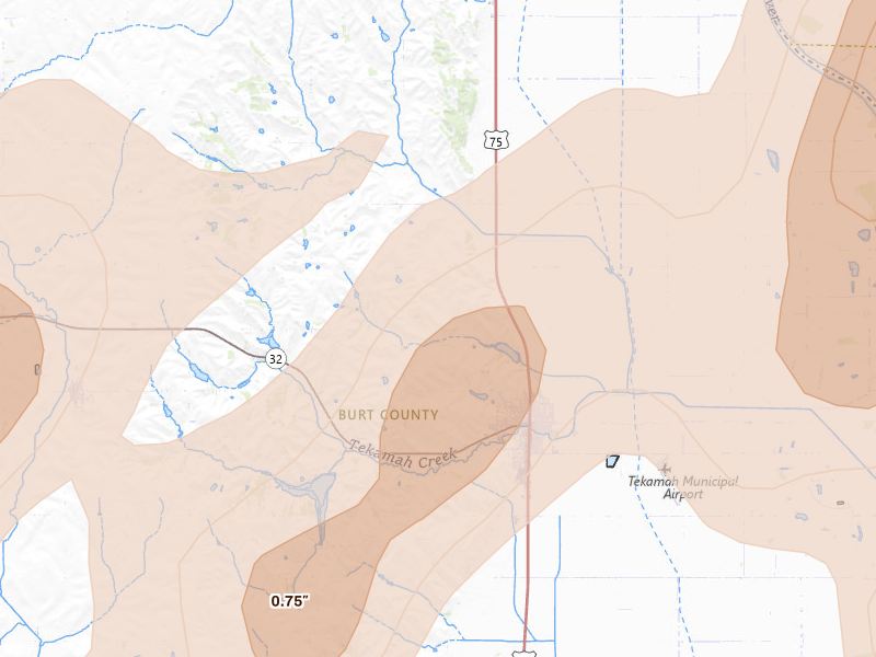 Radar-estimated hail-size map of the storm over Tekamah, NE on Apr 23, 2026