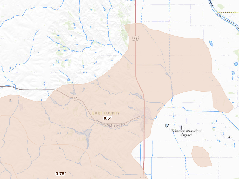 Radar-estimated hail-size map of the storm over Tekamah, NE on May 17, 2026