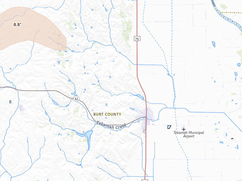 Radar-estimated hail-size map of the storm over Tekamah, NE on May 18, 2026