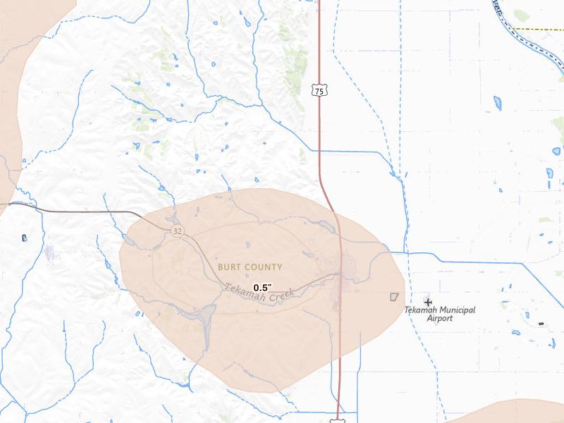 Radar-estimated hail-size map of the storm over Tekamah, NE on Jul 8, 2026