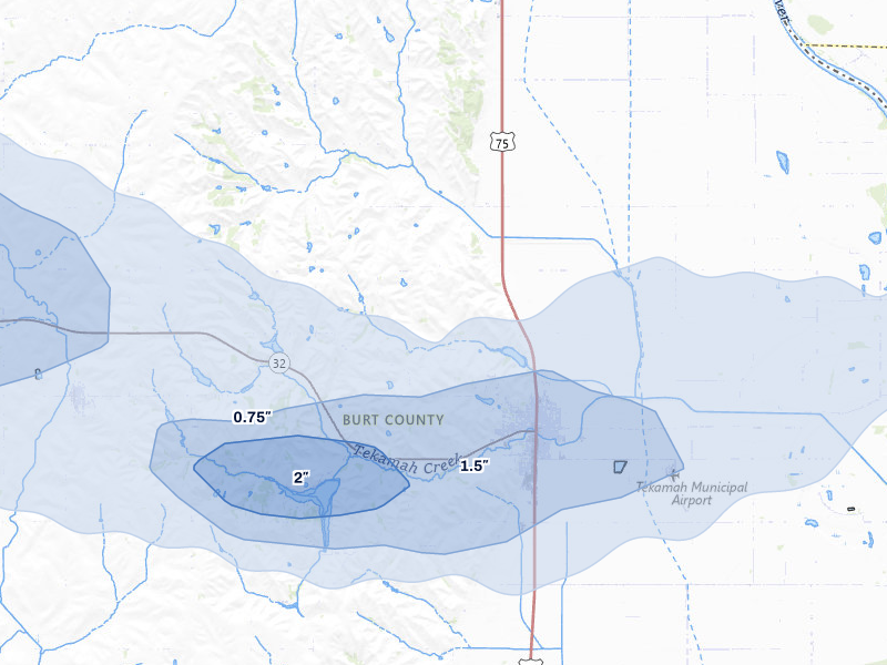NEXRAD radar-signature map of the hail storm over Tekamah, NE on Jul 8, 2026