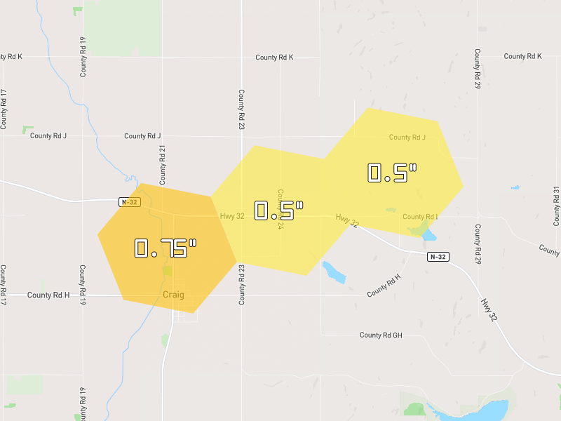 Hail map of Tekamah, NE on Jul 8, 2026, hail up to 0.75"