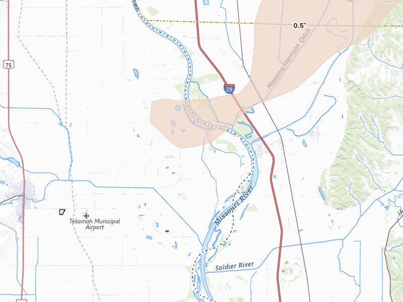Radar-estimated hail-size map of the storm over Tekamah, NE on Aug 11, 2026