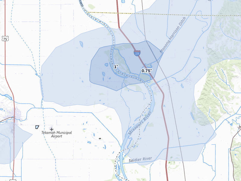 NEXRAD radar-signature map of the hail storm over Tekamah, NE on Aug 11, 2026