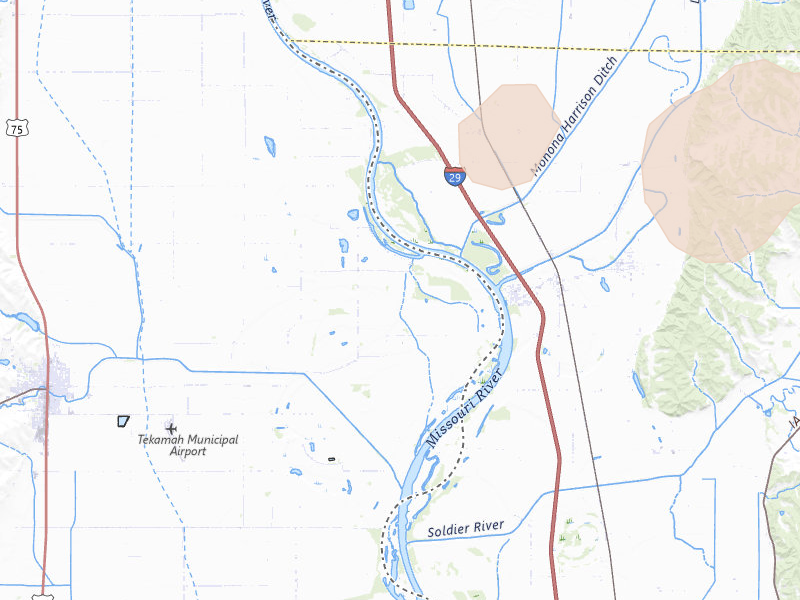 Radar-estimated hail-size map of the storm over Tekamah, NE on Aug 30, 2026