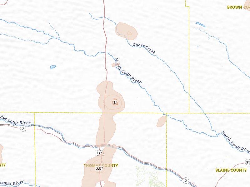 Radar-estimated hail-size map of the storm over Thedford, NE on May 30, 2026
