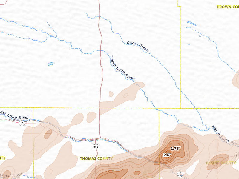 Radar-estimated hail-size map of the storm over Thedford, NE on Jun 9, 2026