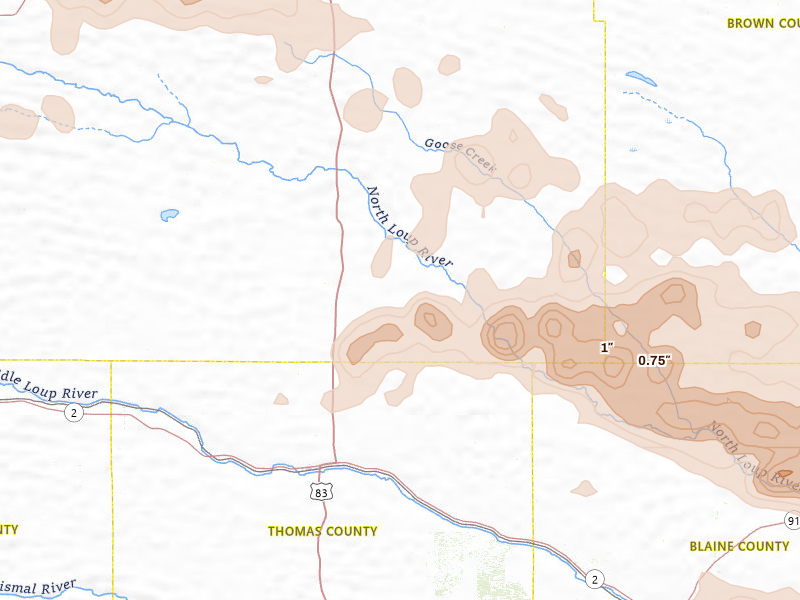 Radar-estimated hail-size map of the storm over Thedford, NE on Jun 20, 2026