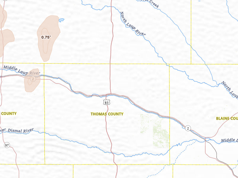 Radar-estimated hail-size map of the storm over Thedford, NE on Jun 30, 2026