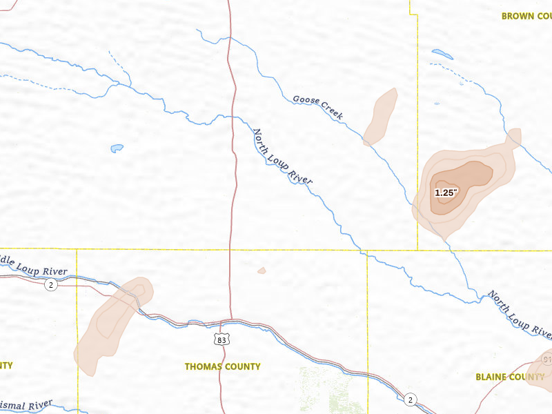Radar-estimated hail-size map of the storm over Thedford, NE on Jul 2, 2026