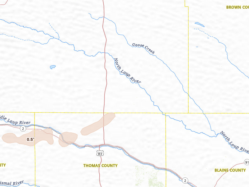 Radar-estimated hail-size map of the storm over Thedford, NE on Jul 3, 2026