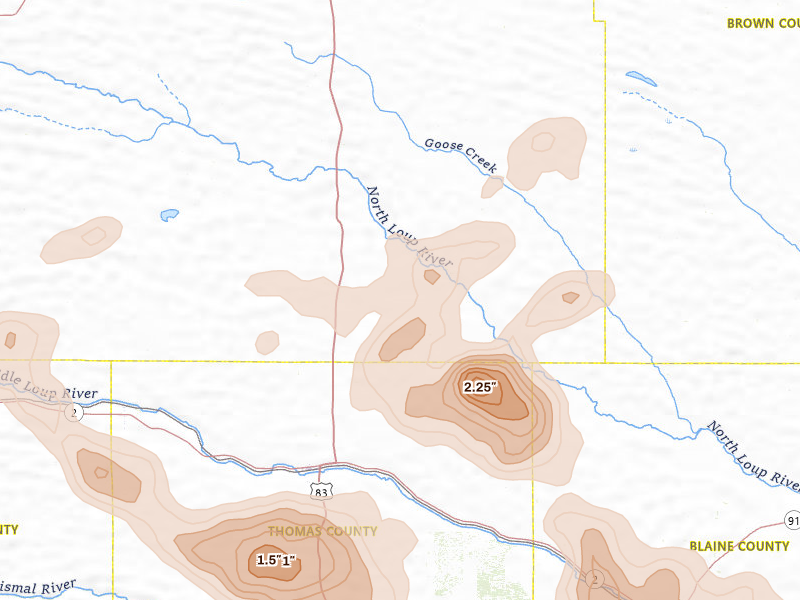 Radar-estimated hail-size map of the storm over Thedford, NE on Jul 4, 2026