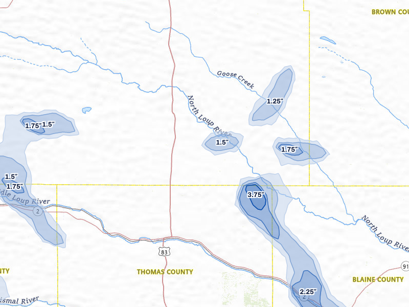 NEXRAD radar-signature map of the hail over Thedford, NE