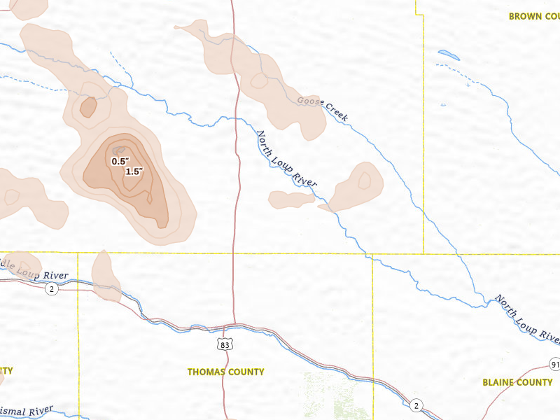 Radar-estimated hail-size map of the storm over Thedford, NE on Jul 9, 2026
