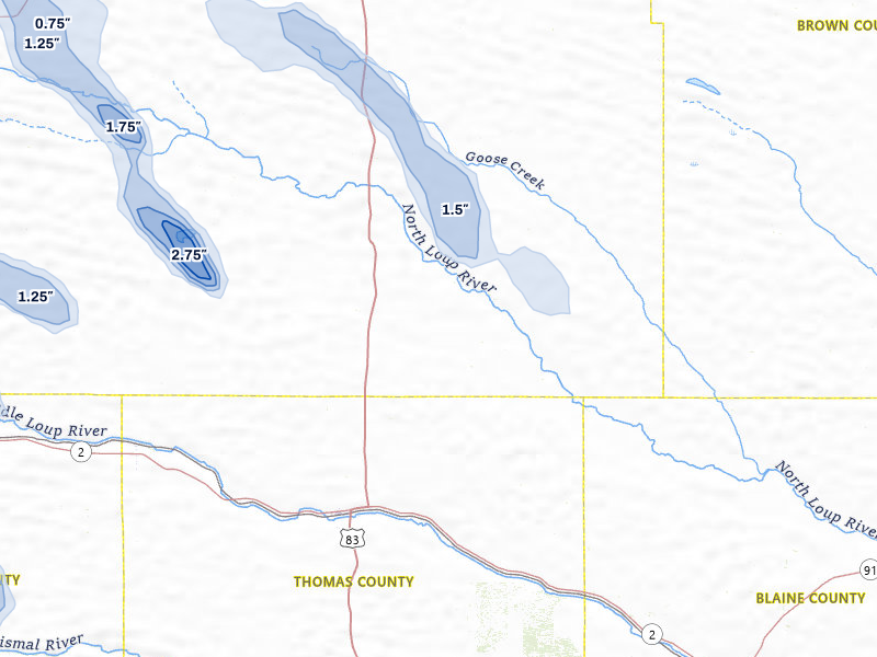 NEXRAD radar-signature map of the hail storm over Thedford, NE on Jul 9, 2026