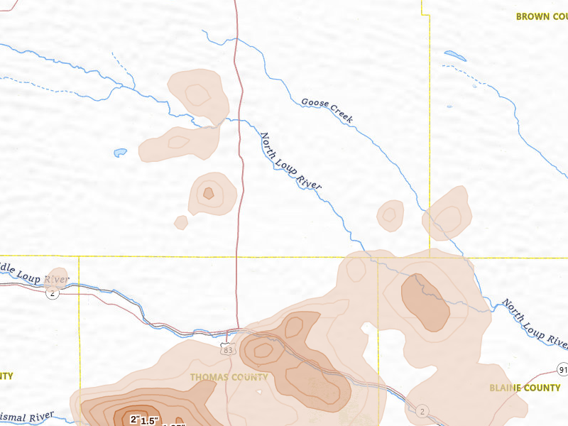 Radar-estimated hail-size map of the storm over Thedford, NE on Jul 27, 2026