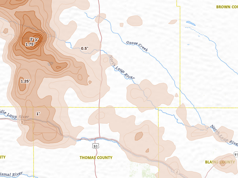 Radar-estimated hail-size map of the storm over Thedford, NE on Jul 30, 2026