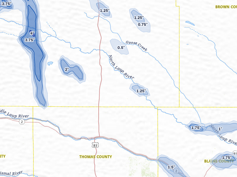 NEXRAD radar-signature map of the hail storm over Thedford, NE on Jul 30, 2026