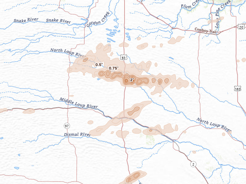 Radar-estimated hail-size map of the storm over Thedford, NE on Aug 3, 2026