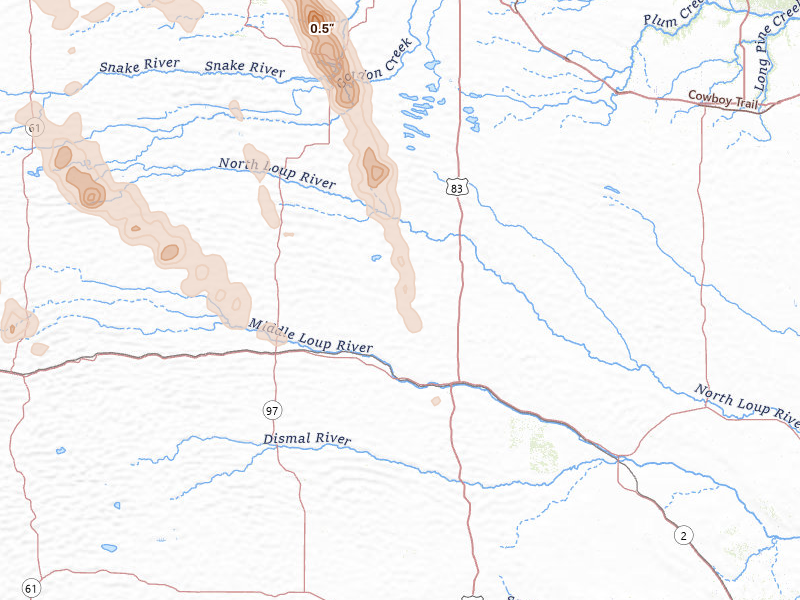 Radar-estimated hail-size map of the storm over Thedford, NE on Aug 16, 2026