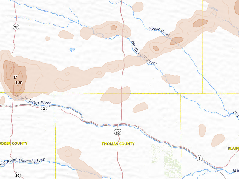 Radar-estimated hail-size map of the storm over Thedford, NE on Aug 17, 2026
