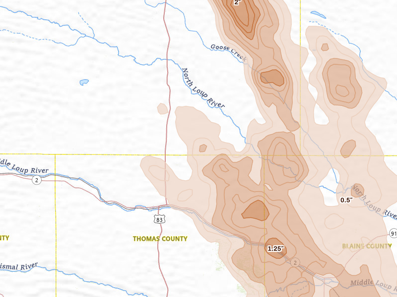 Radar-estimated hail-size map of the storm over Thedford, NE on Aug 20, 2026